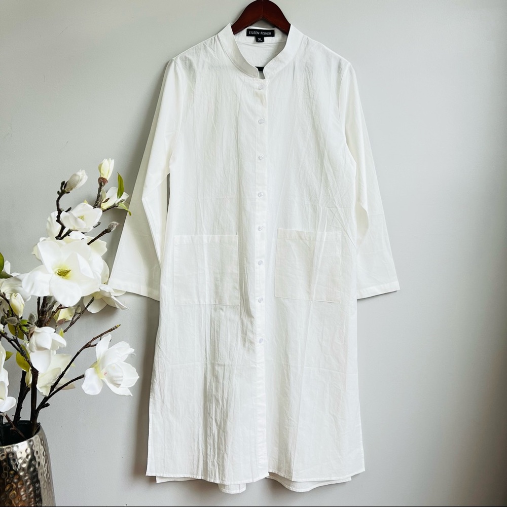 Eileen Fisher white longline mandarin collar cotton tunic - Picture 2 of 6